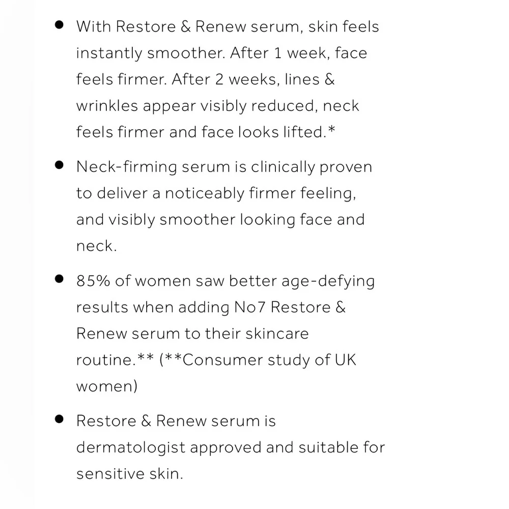 No 7 Restore and Renew face and neck multiaction Serum